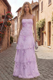 Blush Tiered Ruffled Spaghetti Straps Floral Long A Line Prom Dress