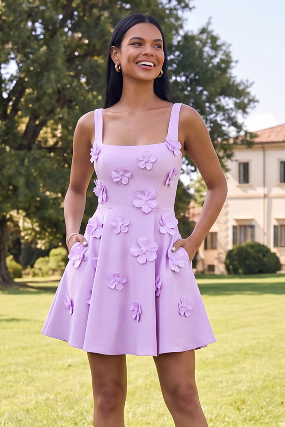 Blue Short Floral Square Neck A Line Homecoming Dress with Pockets