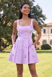 Blue Short Floral Square Neck A Line Homecoming Dress with Pockets