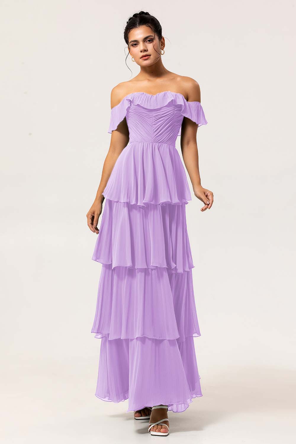 Eucalyptus Off The Shoulder Pleated Long Tiered Bridesmaid Dress