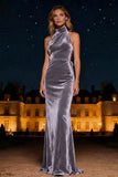 Purple Mermaid Halter Neck Long Velvet Holiday Party Dress