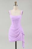 Ivory Ruched Thick Straps Short Corset Graduation Dress with Ruffles