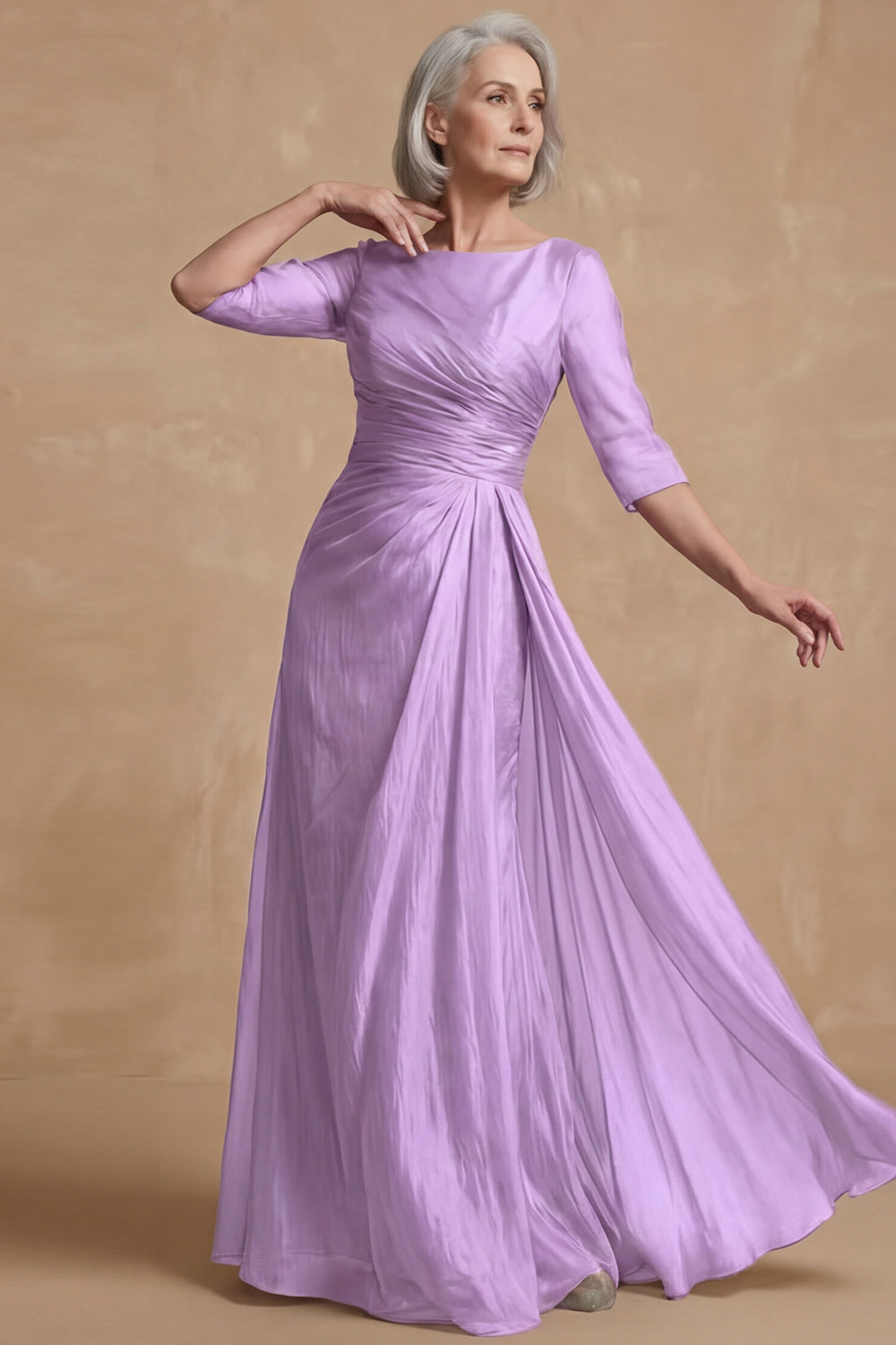 Dusty Sage Bateau Neck A Line Long Mother of the Bride Dress with Sleeves