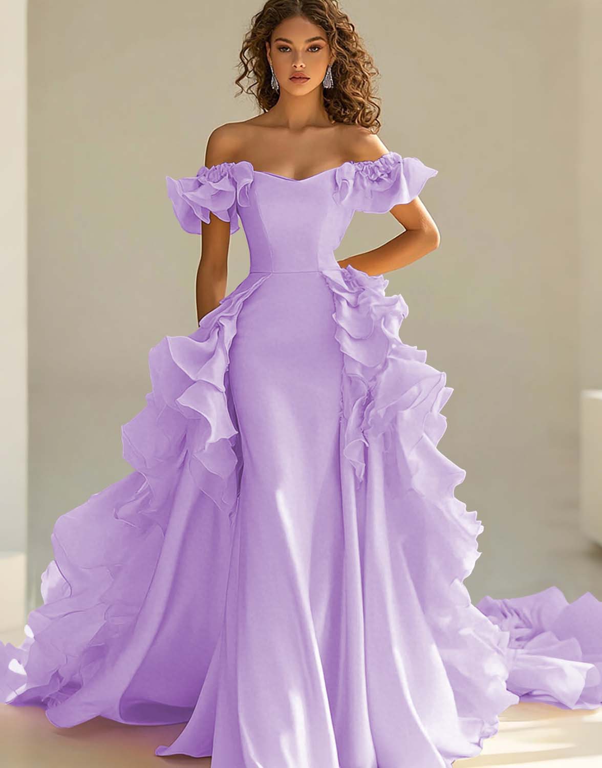 Yellow Satin Long Off the Shoulder Prom Dress with Ruffles