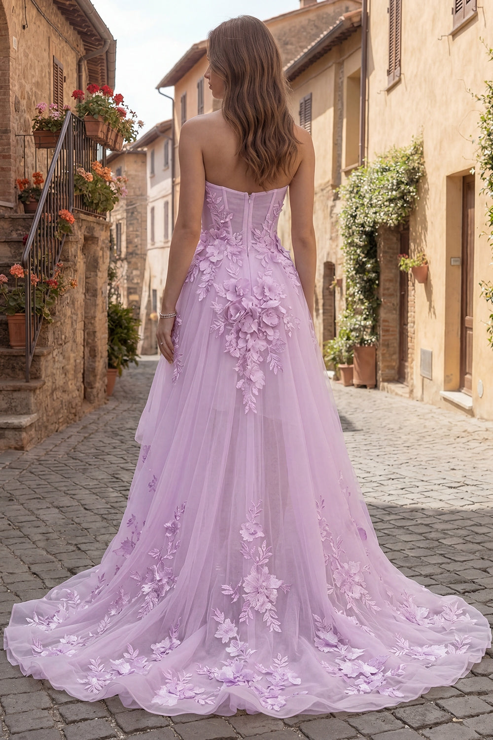 A Line Yellow Corset Floral Strapless High-Low Prom Dress with Ruffles