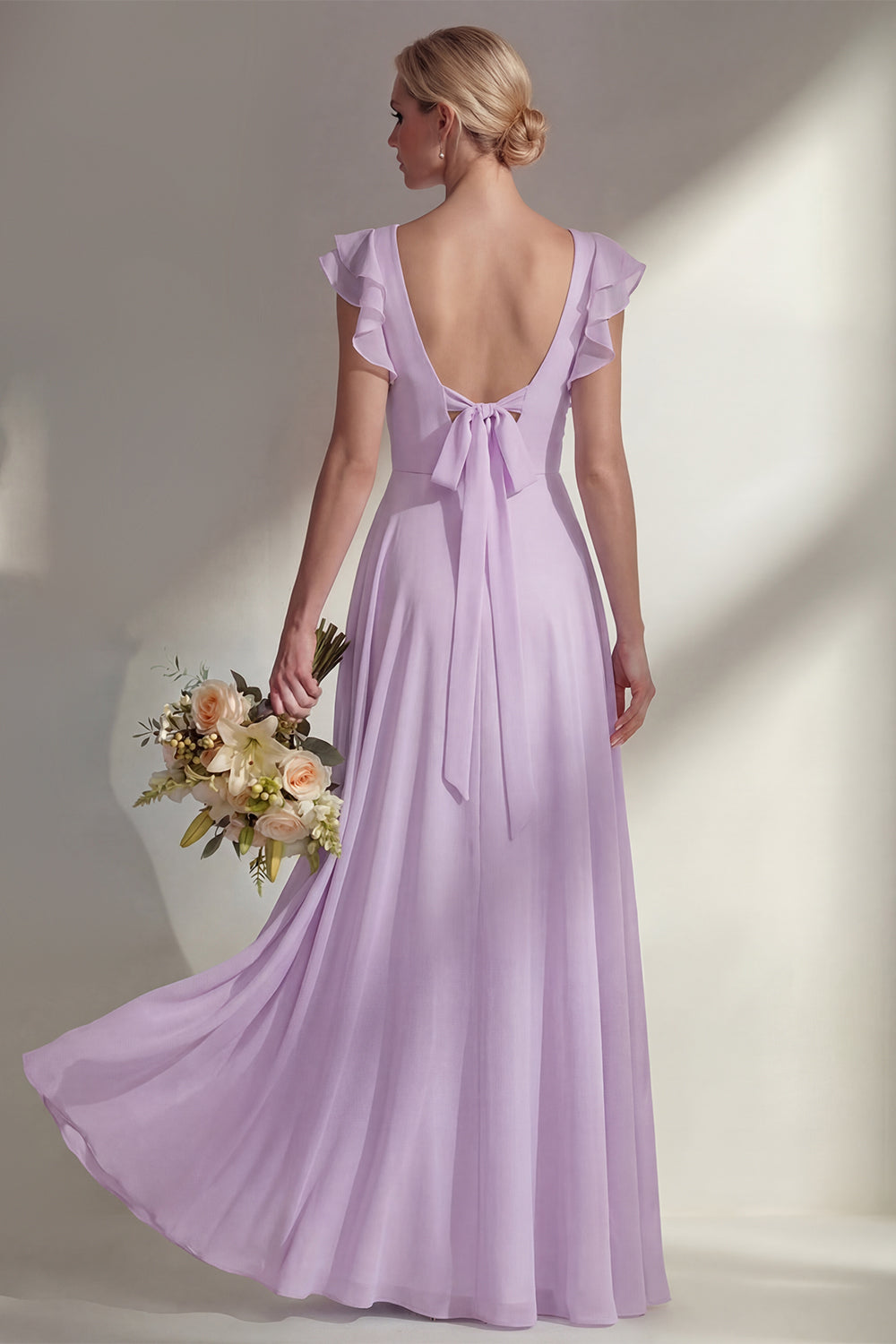 Boat Neck A Line Dusty Blue Long Beach Bridesmaid Dress with Ruffles