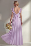 Boat Neck A Line Dusty Blue Long Beach Bridesmaid Dress with Ruffles