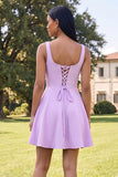 Blue Short Floral Square Neck A Line Homecoming Dress with Pockets