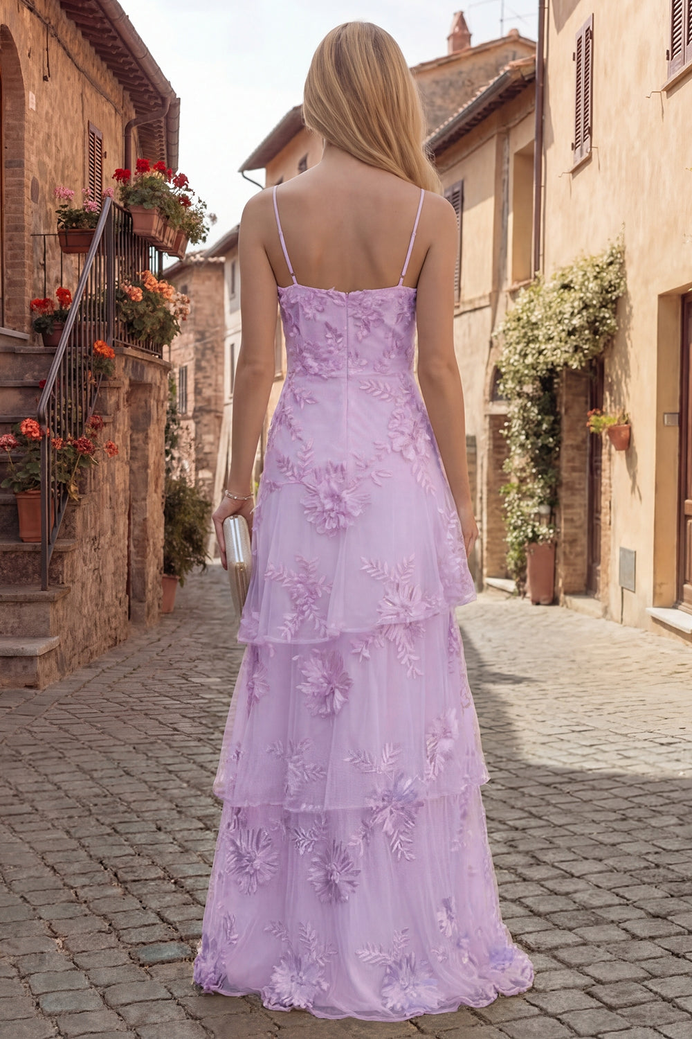 Blush Tiered Ruffled Spaghetti Straps Floral Long A Line Prom Dress