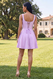 Blue Short Floral Square Neck A Line Homecoming Dress with Pockets
