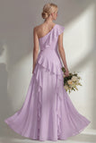 Emerald One shoulder A Line Ruffled Long Beach Bridesmaid Dress with Slit