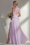 A Line High Neck Ruffled Butter Yellow Long Beach Bridesmaid Dress with Slit