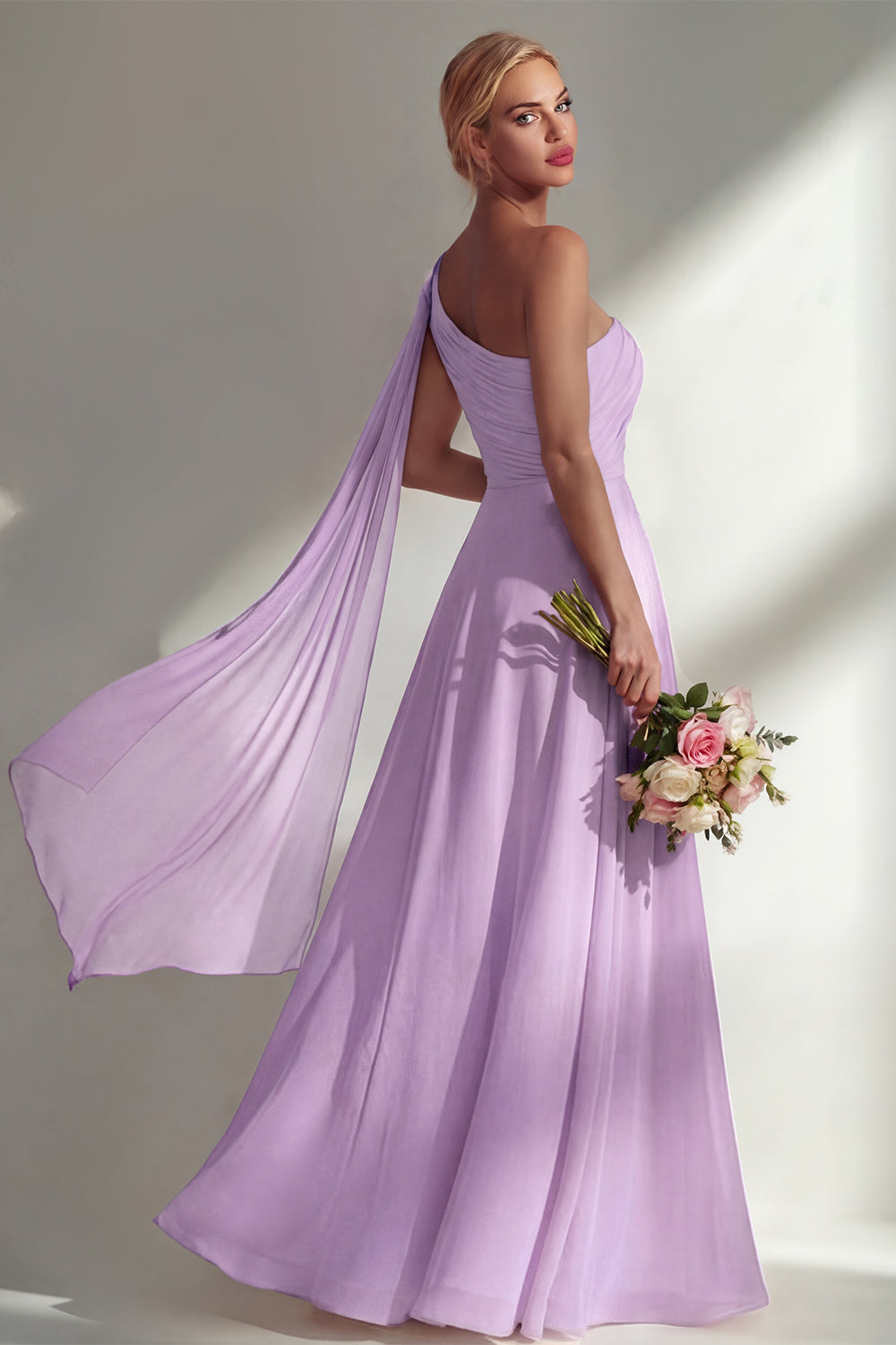 One Shoulder Ruched Burgundy A Line Long Beach Bridesmaid Dress with Side Cape