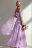 One Shoulder Ruched Burgundy A Line Long Beach Bridesmaid Dress with Side Cape