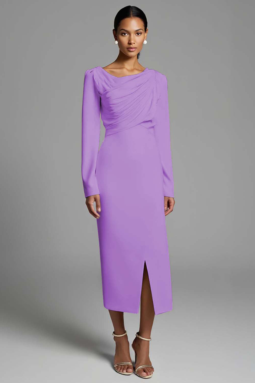 Ivory Ruched Pencil Long Sleeves Work Dress with Slit