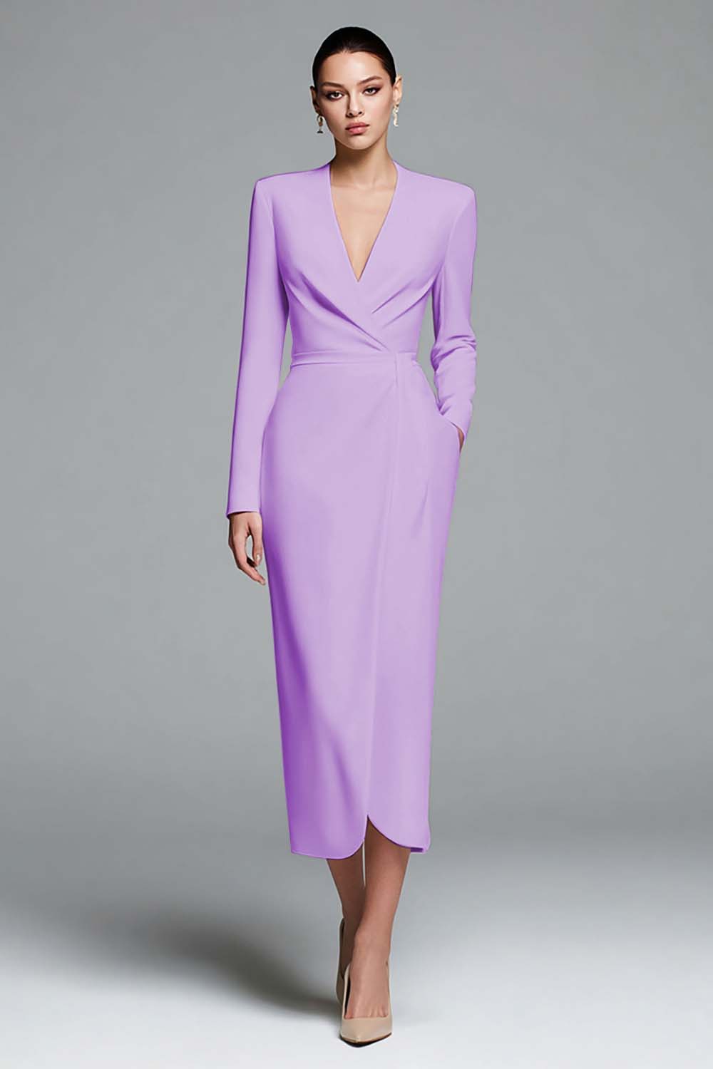 Ivory Satin V-Neck Sheath Long Sleeves Work Dress