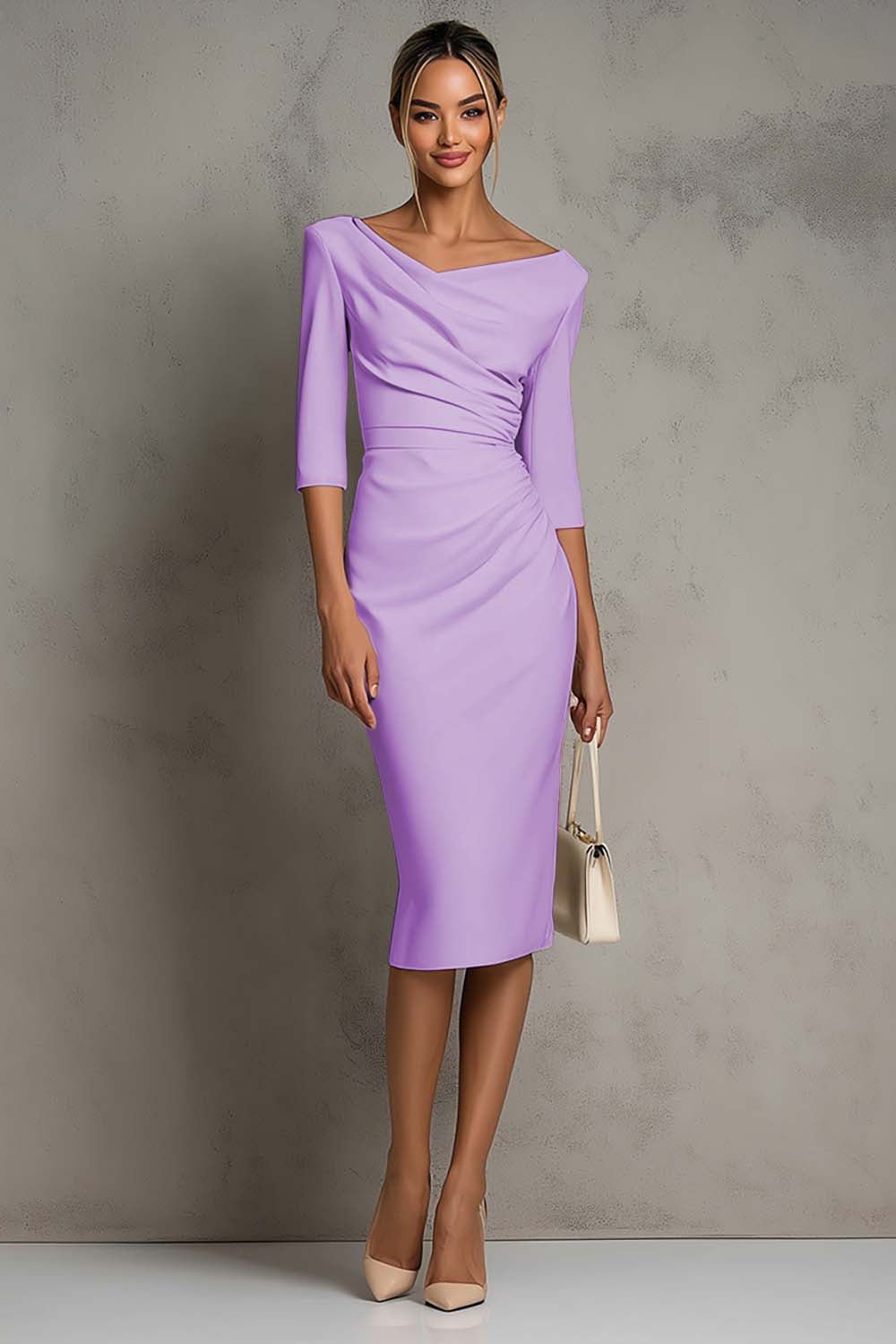 Simple Ivory Pencil Ruched Midi Work Dress with Slit