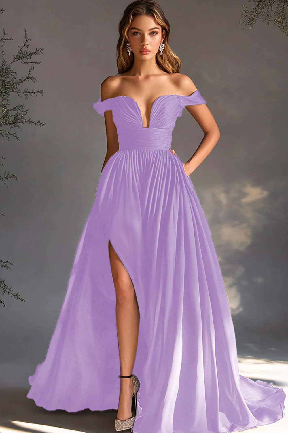 A Line Chiffon Pleated Long Off the Shoulder Formal Dress with Slit