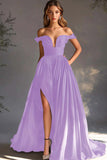 A Line Chiffon Pleated Long Off the Shoulder Formal Dress with Slit