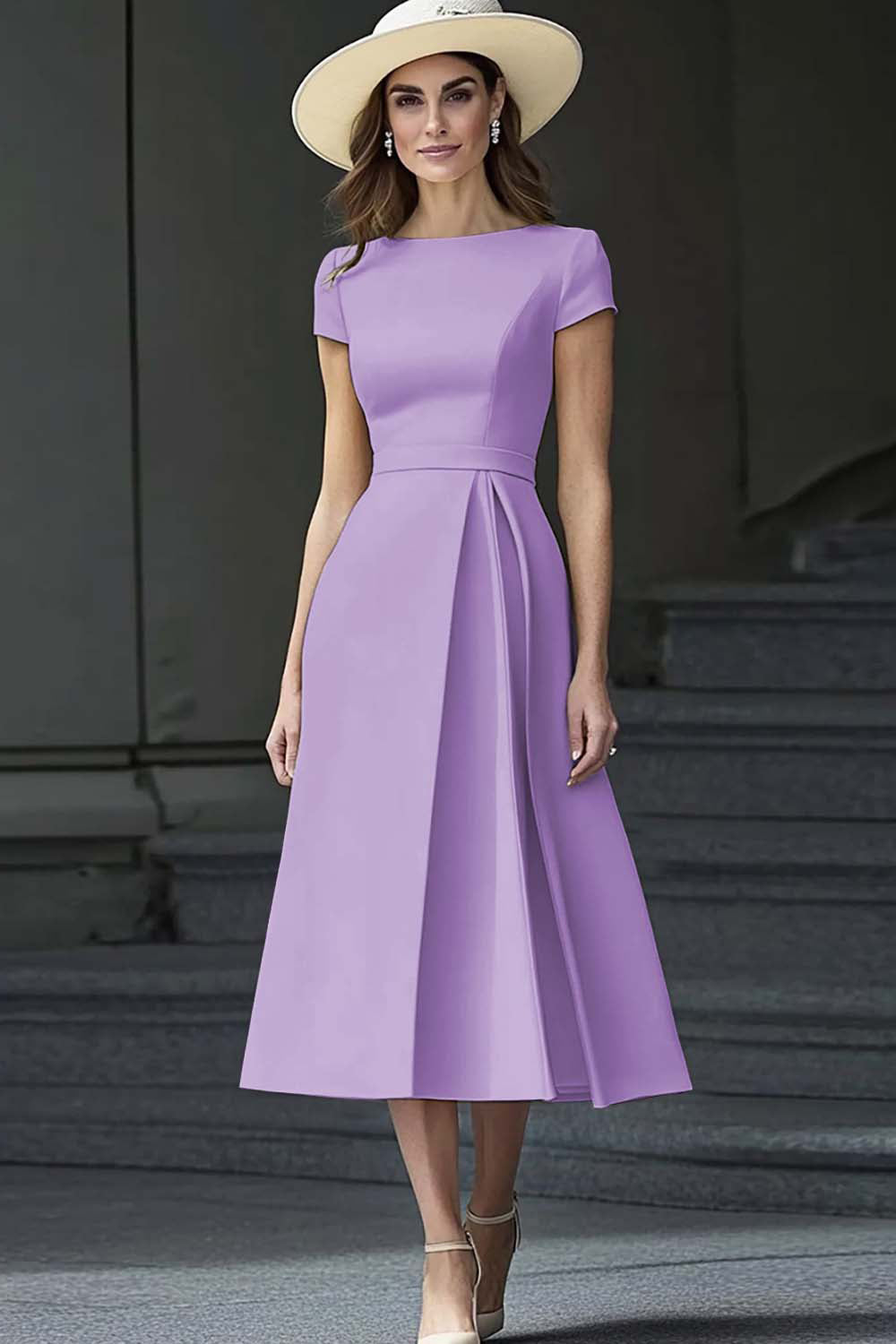 Zapaka Women Daffodil Satin A Line Work Dress Short Sleeve Boat Neck Long Business Dress, Lilac / US10