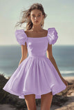 White Satin Mini A Line Graduation Dress with Ruffles