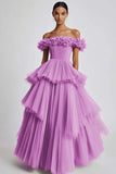Dusty Sage Tulle Off the Shoulder Long Formal Dress with Ruffles