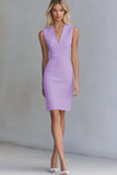 Dusty Blue Satin Bodycon V-Neck Short Work Dress