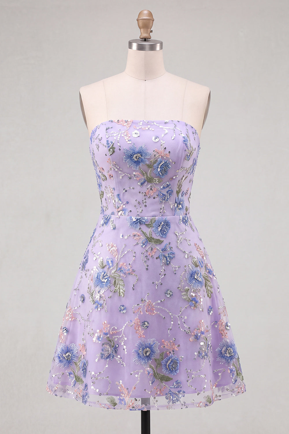 Sparkly Pink Floral Beaded Strapless A Line Short Homecoming Dress