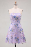 Sparkly Pink Floral Beaded Strapless A Line Short Homecoming Dress
