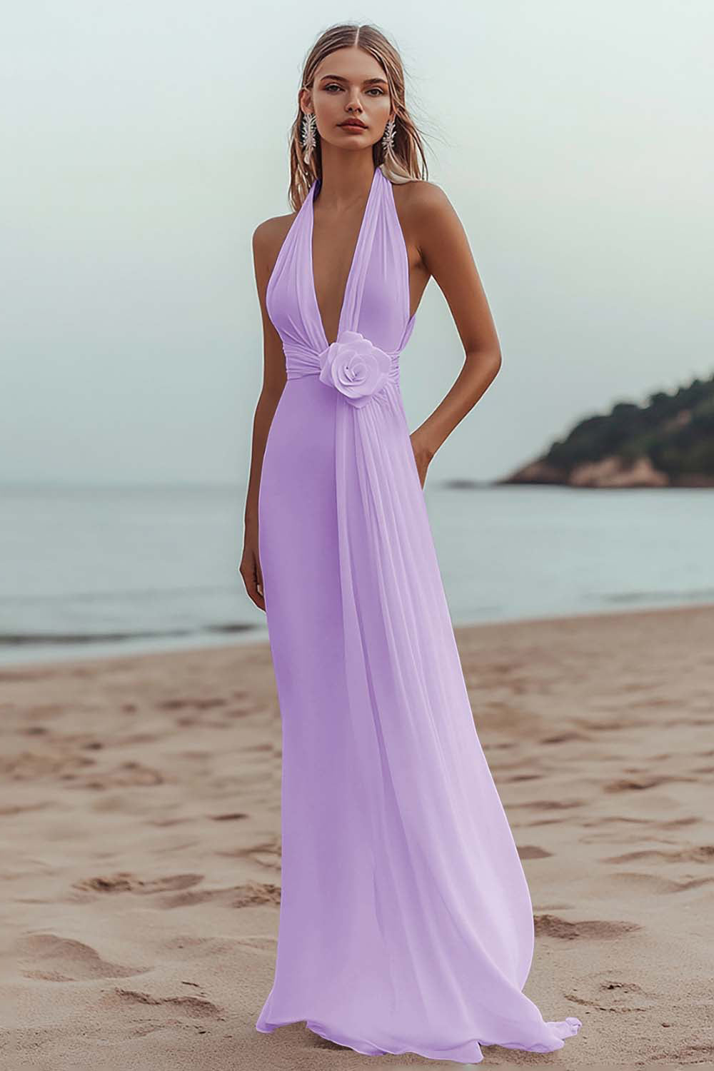 Burgundy A Line Deep V-Neck Long Formal Dress with 3D Flower