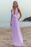 Burgundy A Line Deep V-Neck Long Formal Dress with 3D Flower