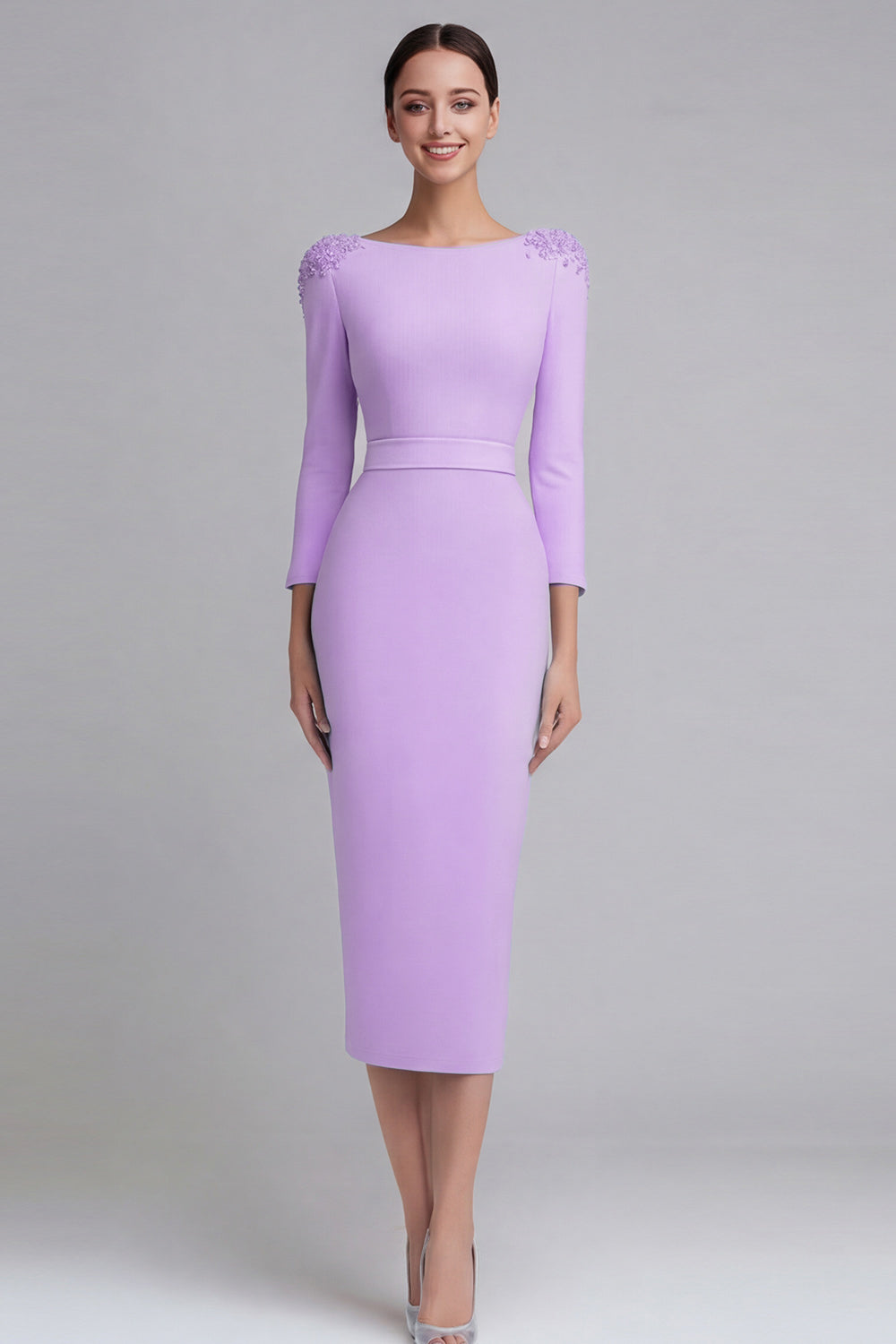 Simple Light Blue Pencil Boat Neck Midi Work Dress with Sleeves