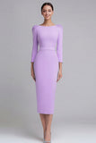 Simple Light Blue Pencil Boat Neck Midi Work Dress with Sleeves