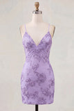 Tight Short Fuchsia Spaghetti Straps Floral Homecoming Dress