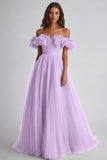 A Line Dusty Sage Off the Shoulder Long Wedding Guest Dress with Ruffles