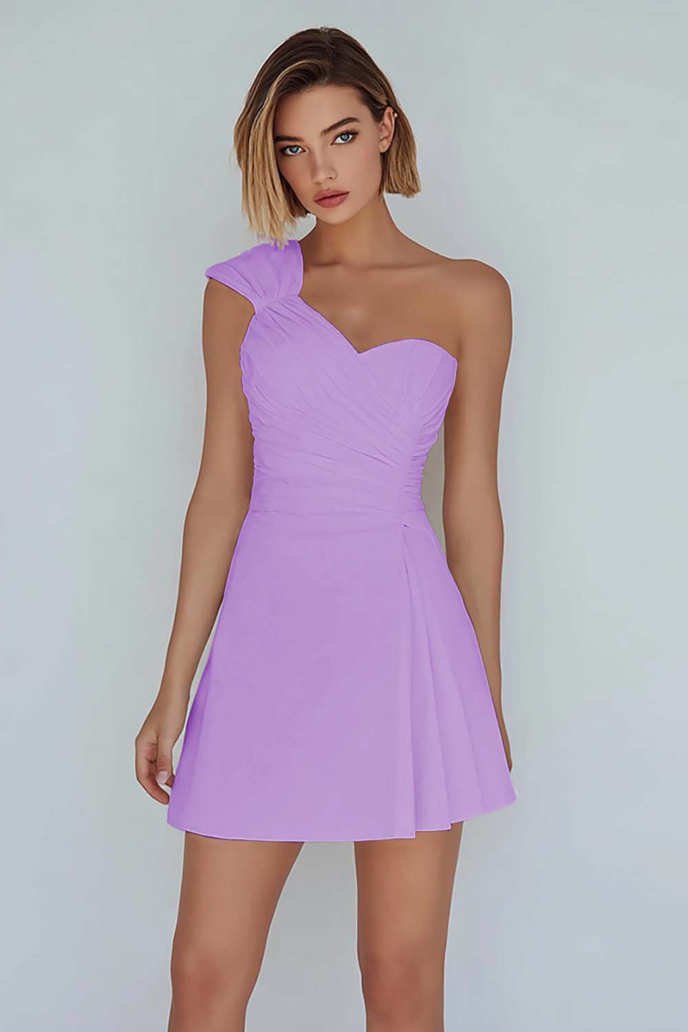 Ivory One Shoulder Satin Ruched Short A-Line Graduation Dress