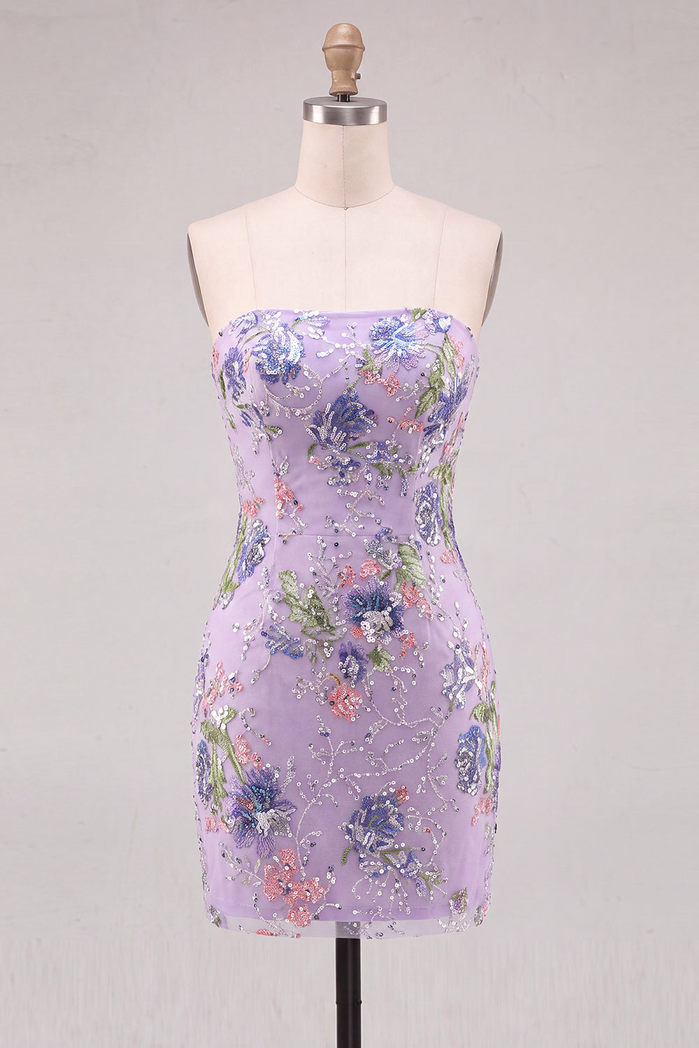 Floral Pink Sparkly Sequin Strapless Tight Short Homecoming Dress