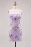 Floral Pink Sparkly Sequin Strapless Tight Short Homecoming Dress
