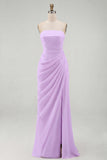 Light Pink Sheath Ruched Long Prom Dress with Slit