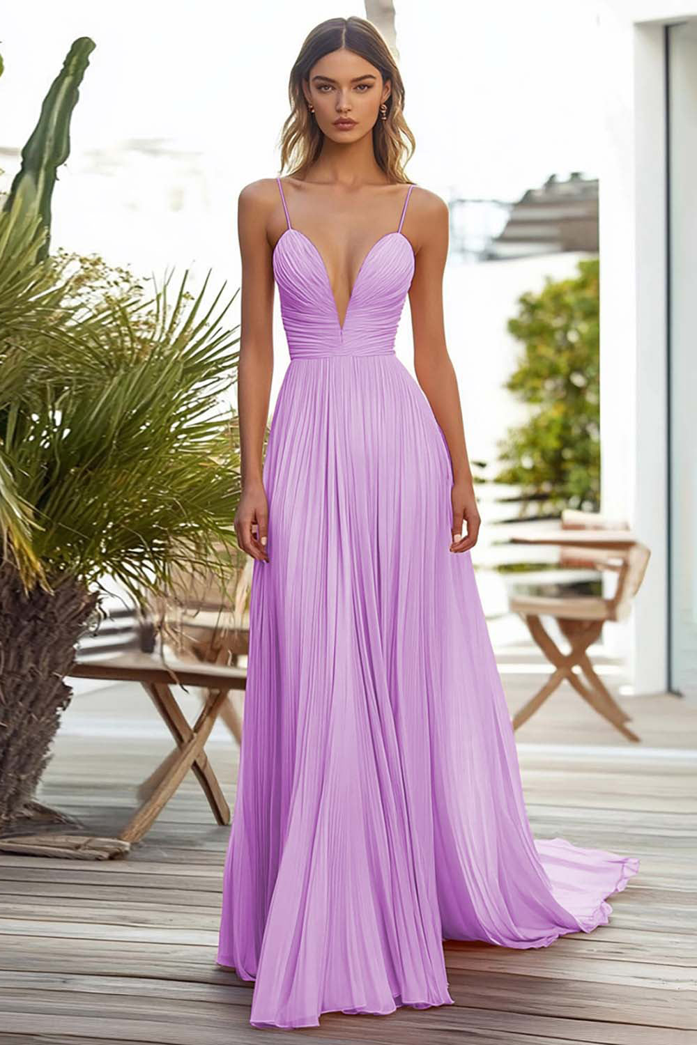Pink Spaghetti Straps Chiffon Long Wedding Guest Dress with Pleated