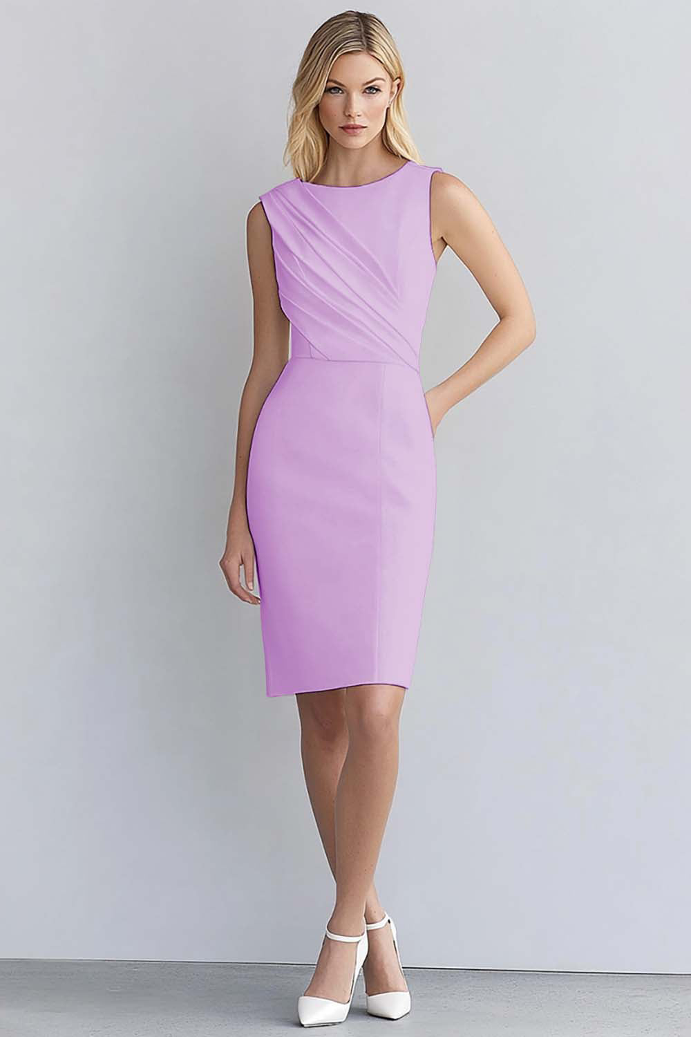 Zapaka Women Ivory Satin Bodycon Short Work Dress Ruched Sleeveless Cocktail Dress, Lilac / UK16
