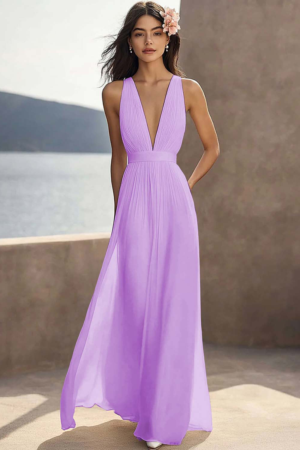 Chiffon Ivory Ruched Deep V-Neck Beach Maxi Engagement Dress