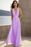Chiffon Ivory Ruched Deep V-Neck Beach Maxi Engagement Dress