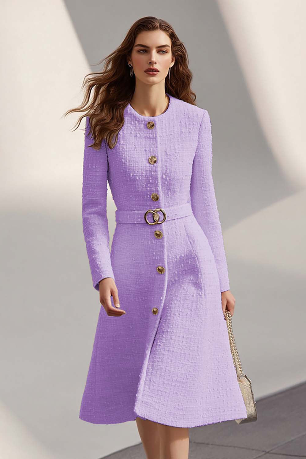 Ivory Long Sleeves Round Neck Tweed Midi Work Dress with Belt