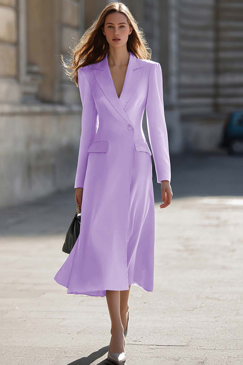 Sky Blue Peak Lapel Pencil One Button Midi Blazer Dress with Sleeves