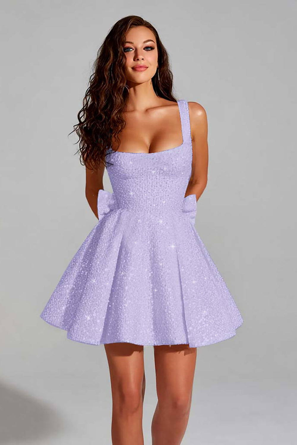 Sparkly Ivory Sequin Scoop A Line Short Homecoming Dress with Bow