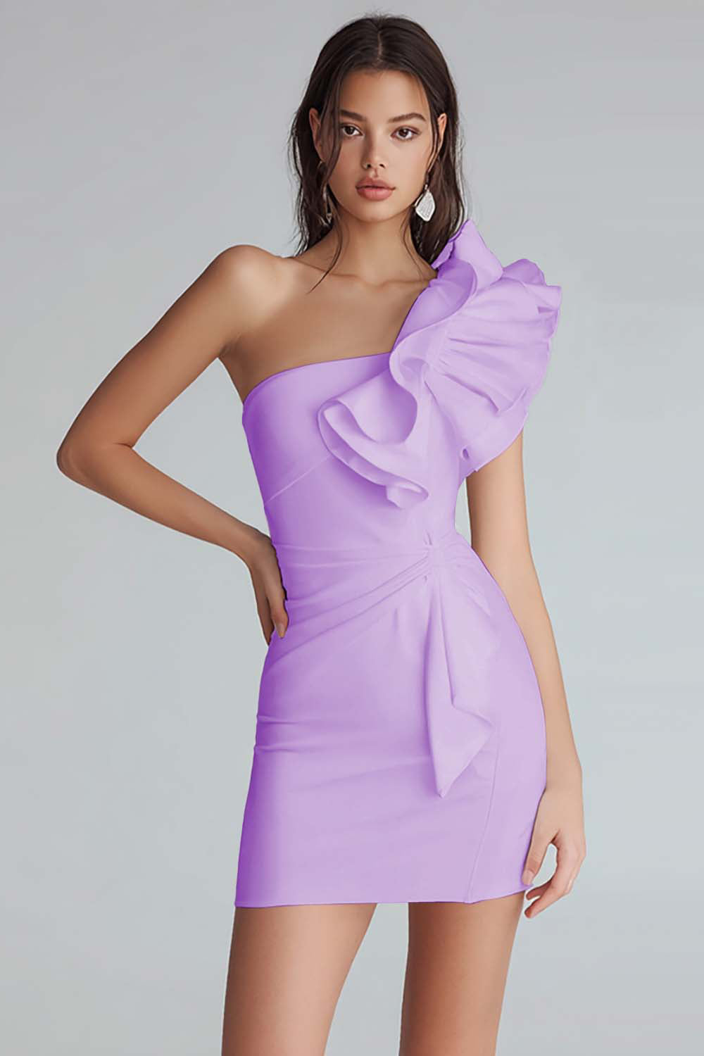 Ivory Satin One Shoulder Short Tight Graduation Dress with Ruffles