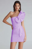 Ivory Satin One Shoulder Short Tight Graduation Dress with Ruffles
