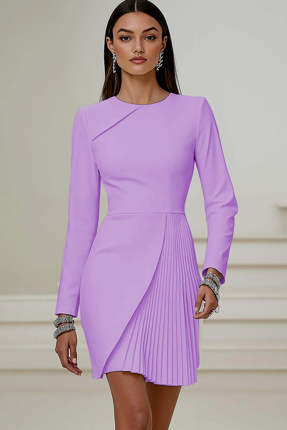 Ivory Pencil Pleated Round Neck Short Work Dress with Sleeves