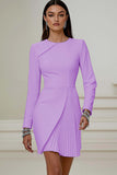 Ivory Pencil Pleated Round Neck Short Work Dress with Sleeves